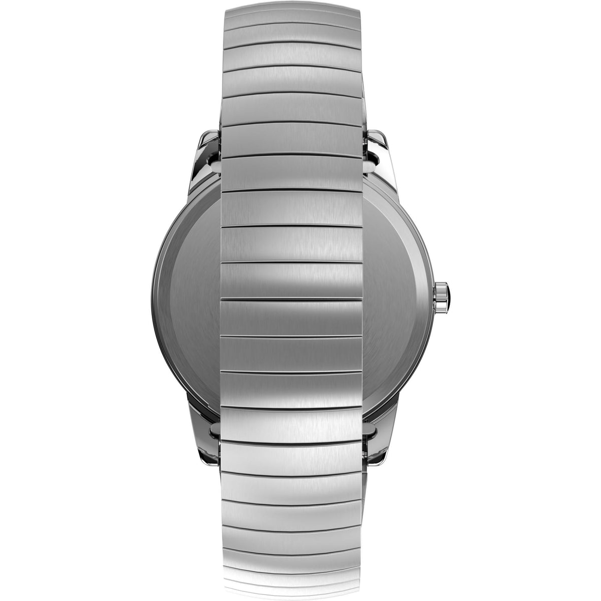Stainless steel watch side profile with ribbed bezel and round crown
