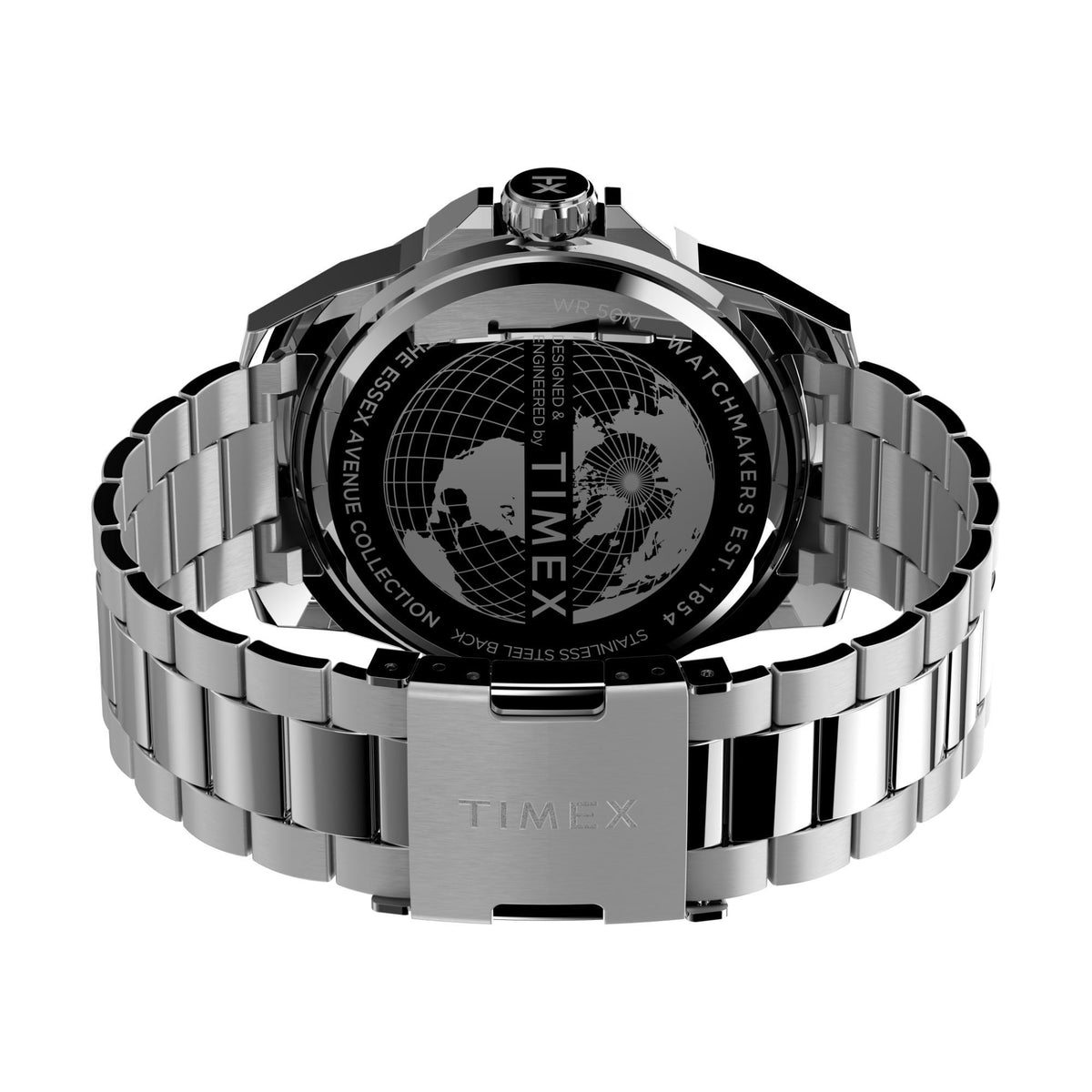 Stainless-steel watch bracelet back with globe dial and center logo