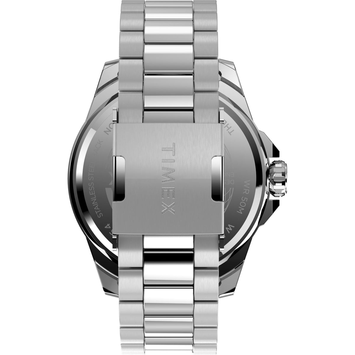 Stainless-steel Timex watch case with logo and crown side detail