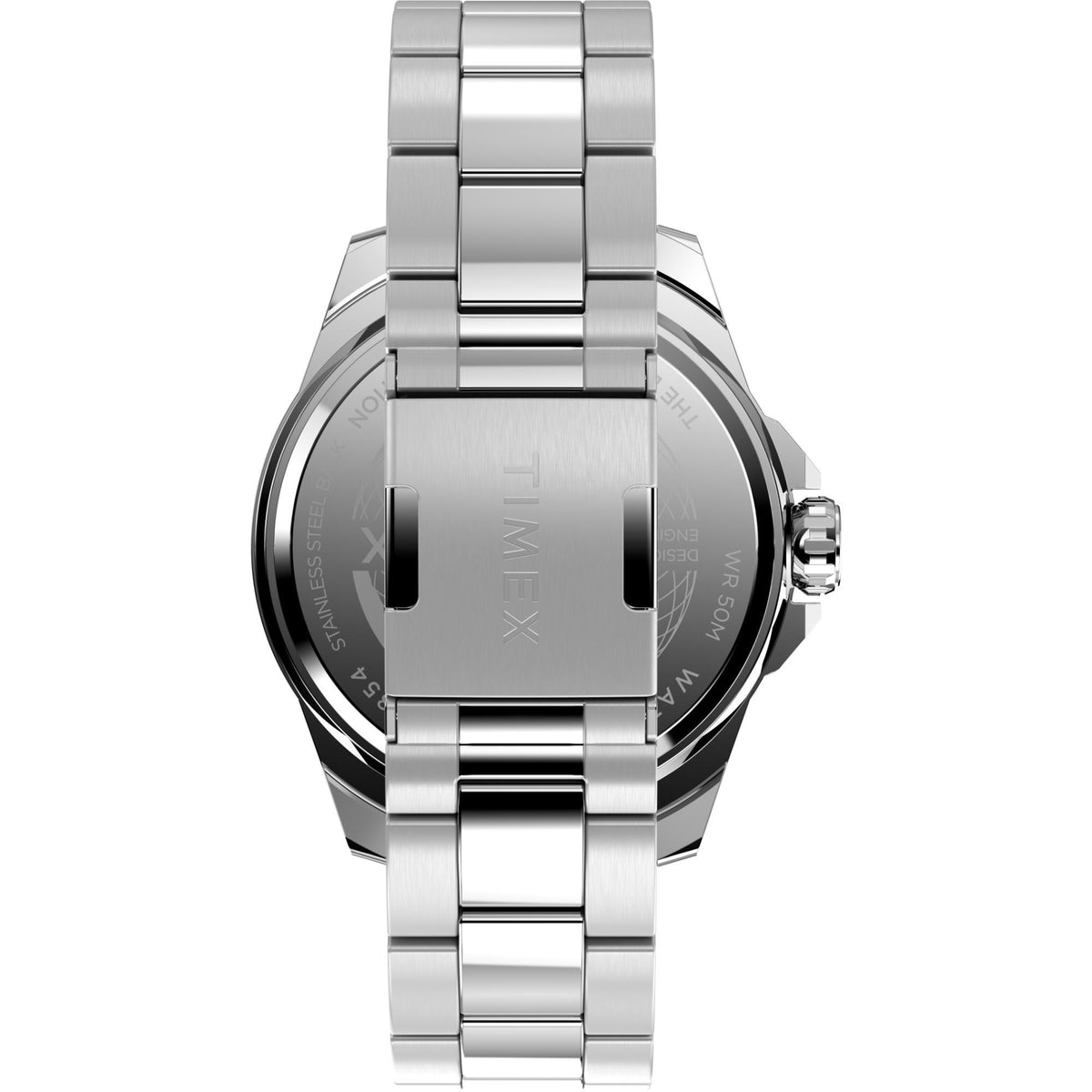 Men's steel wristwatch with dark dial and polished bracelet, crown at right