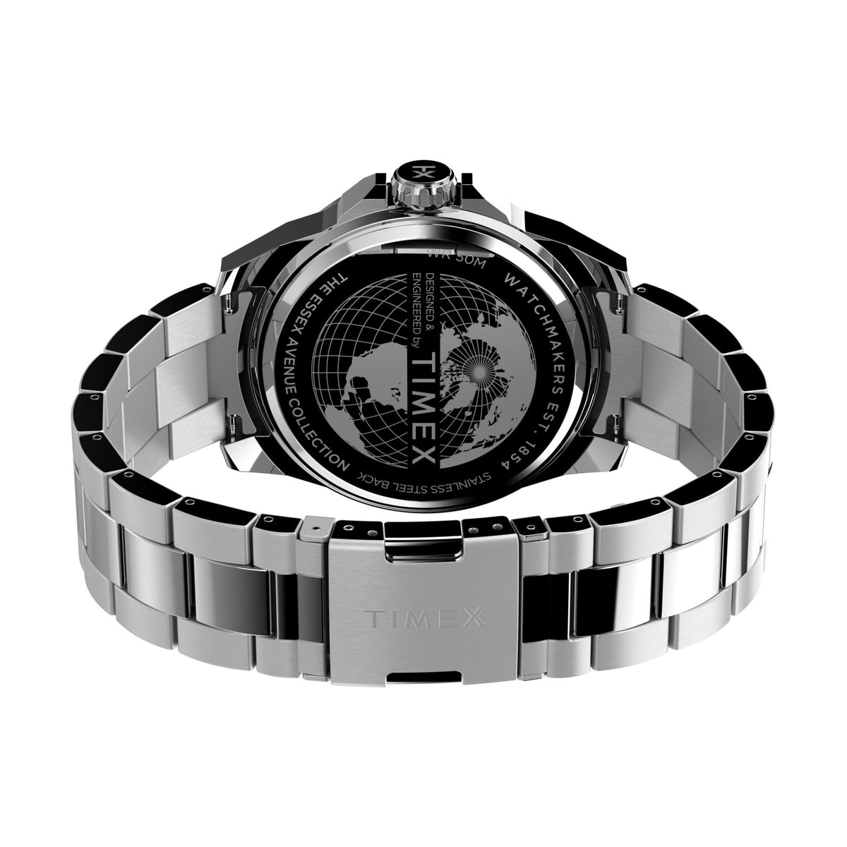 Steel wristwatch caseback with engraved markings and silver linked bracelet