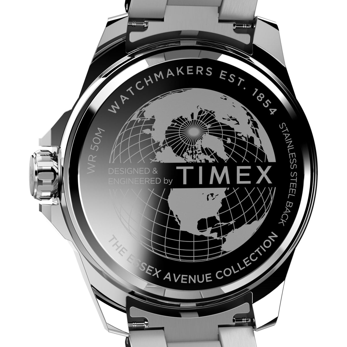 Steel wristwatch caseback with globe engraving and TIMEX branding, silver bezel