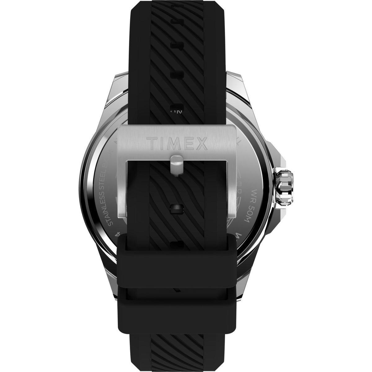 Men's quartz watch back view with black silicone strap and engraved silver caseback