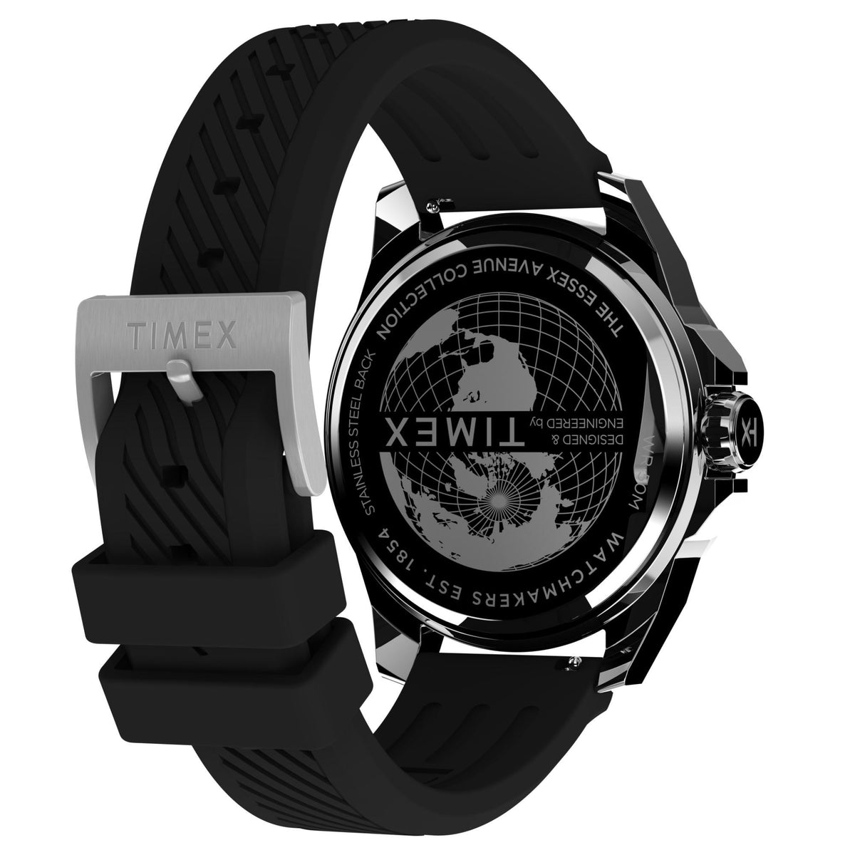 Men's black silicone watch with engraved globe caseback and 'TIMEX' marking