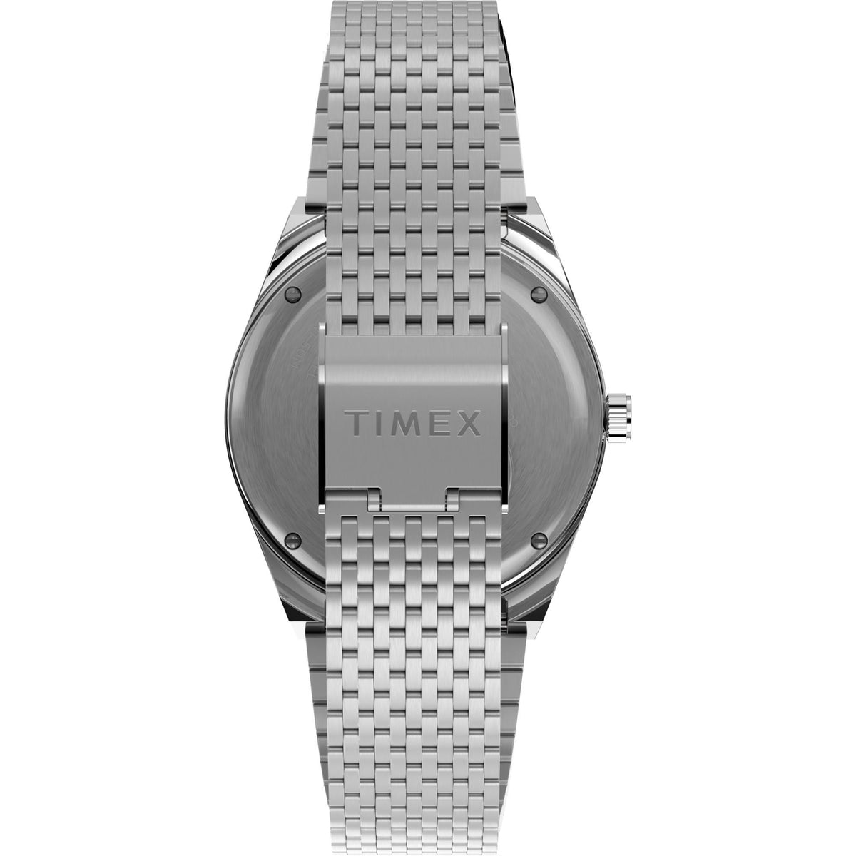 Men's steel quartz watch caseback with TIMEX logo and metal bracelet