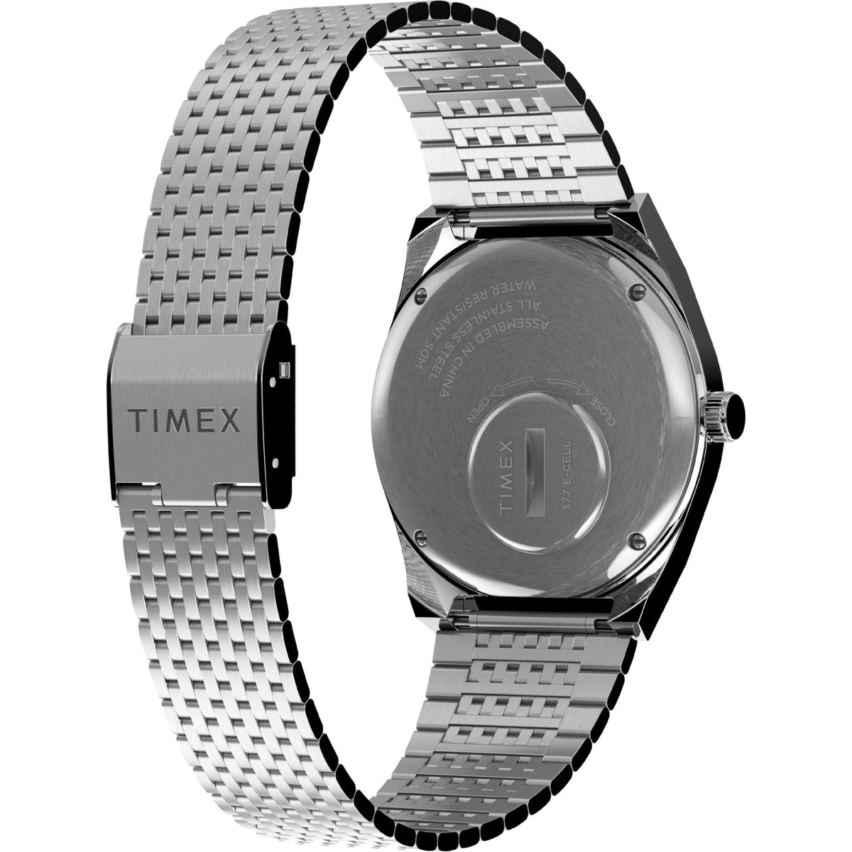 Men's steel quartz watch with metal bracelet and engraved caseback, angled view