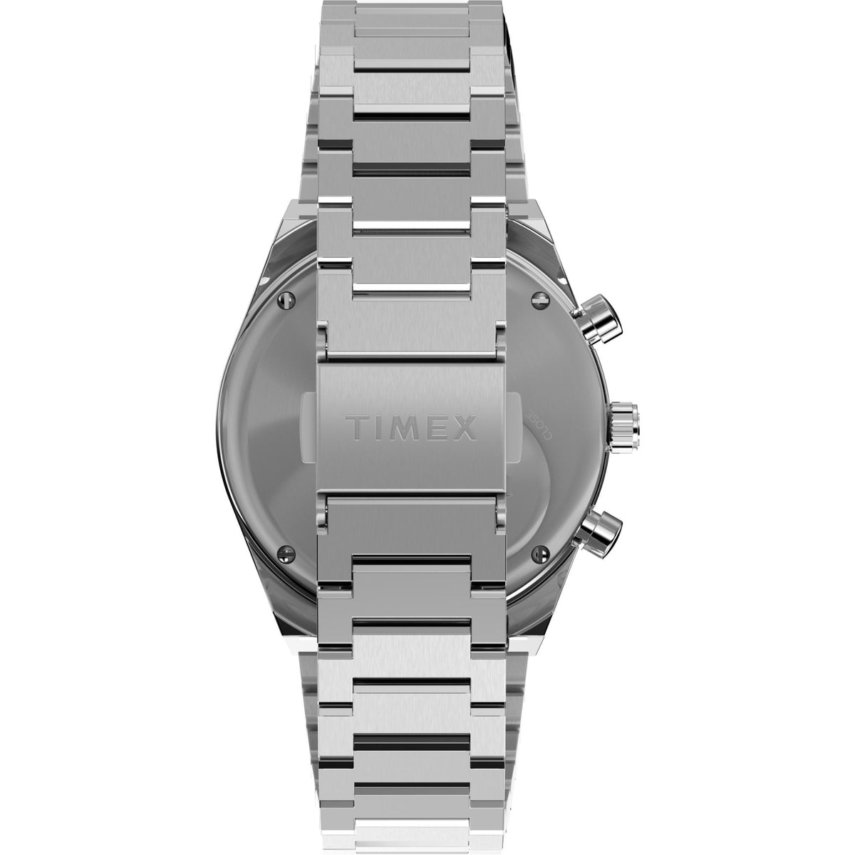 Men's steel chronograph quartz watch, angled dial view with bracelet and pushers