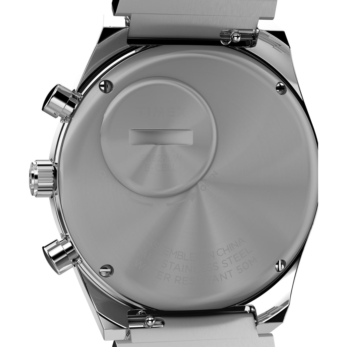 Men's steel quartz watch caseback with engraved markings and side pushers