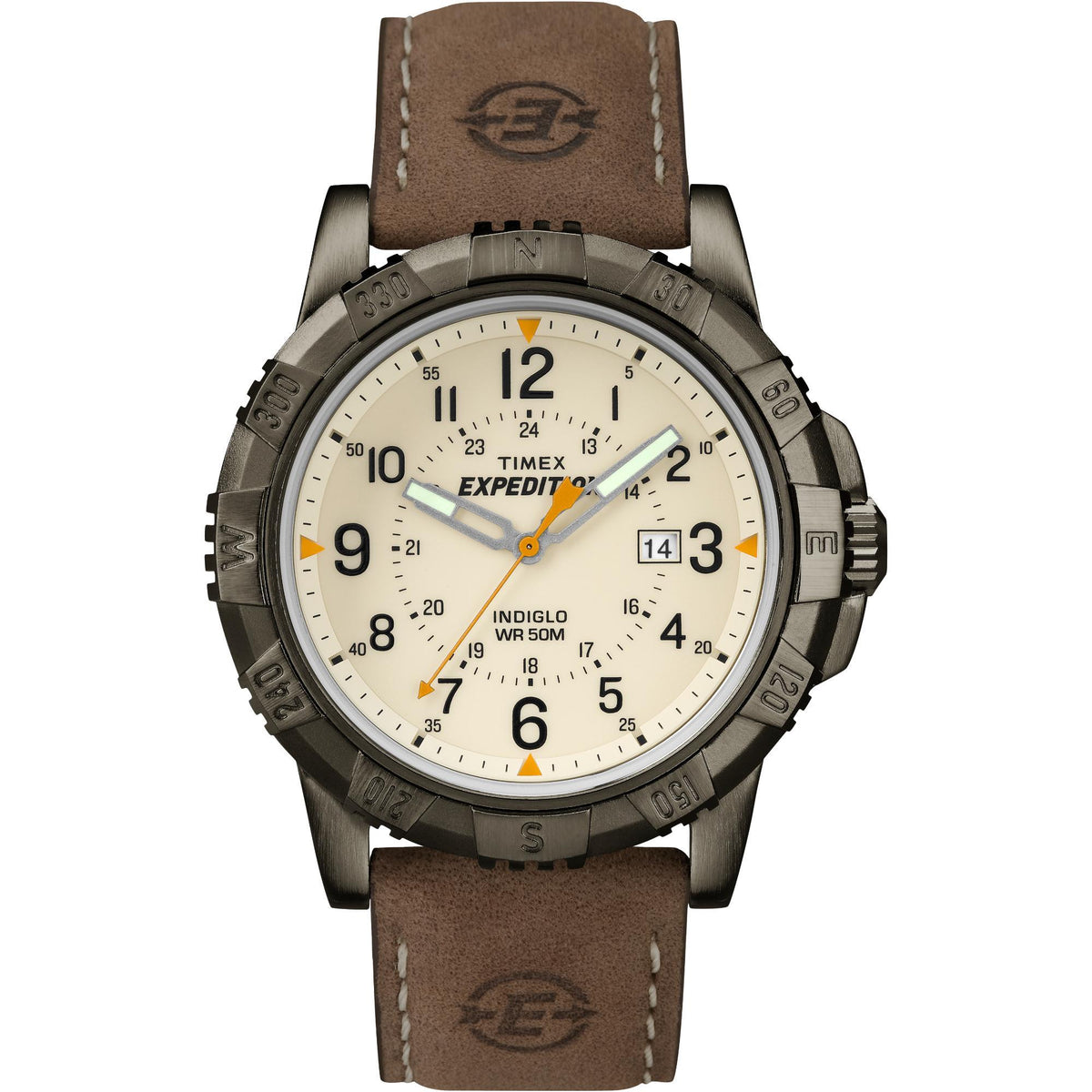 Men's quartz watch with beige dial, brown leather strap and rugged gray bezel