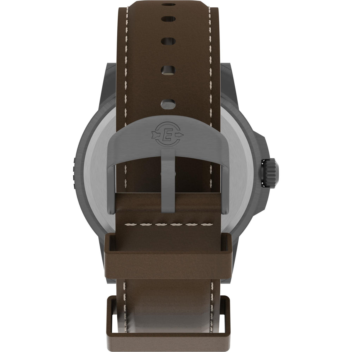 Men's quartz watch case back view with brown leather strap