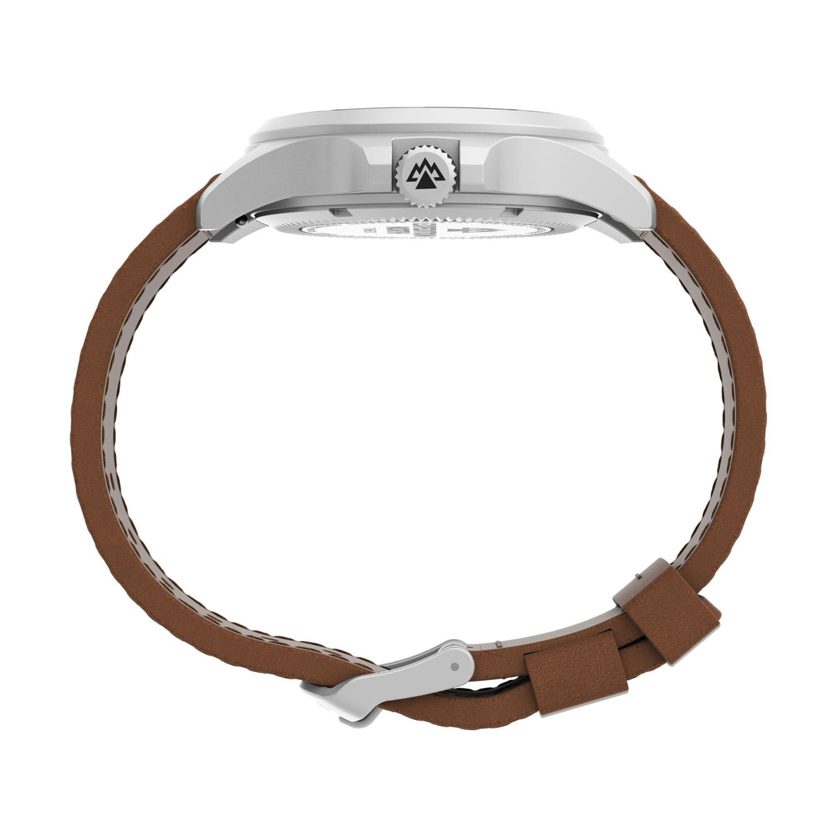 Timex TW2V03600 stainless steel case, crown with logo, and brown leather strap side view