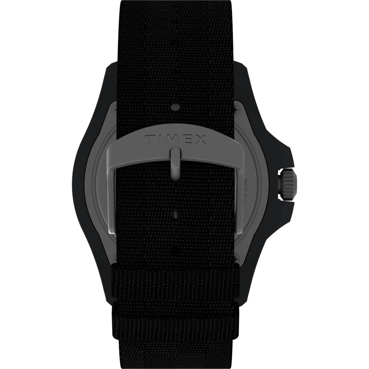 Men's quartz watch with black woven fabric strap and dark case profile