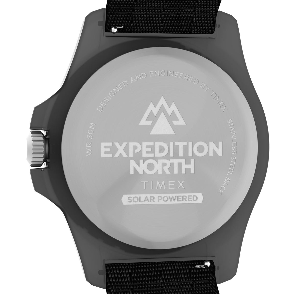 Men's quartz watch case back with Expedition North logo and solar powered text