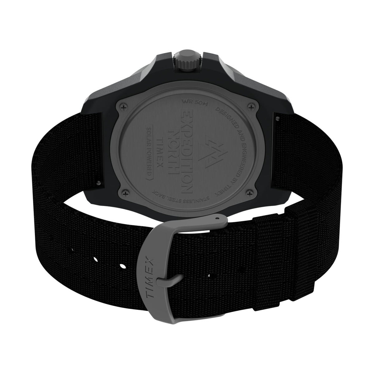 Men's quartz watch with black woven strap and dark clasp, caseback screws visible