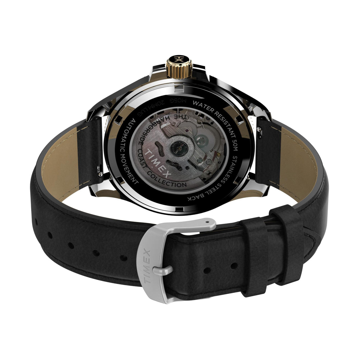 Rolex watch with black leather strap and visible mechanical components on a white background