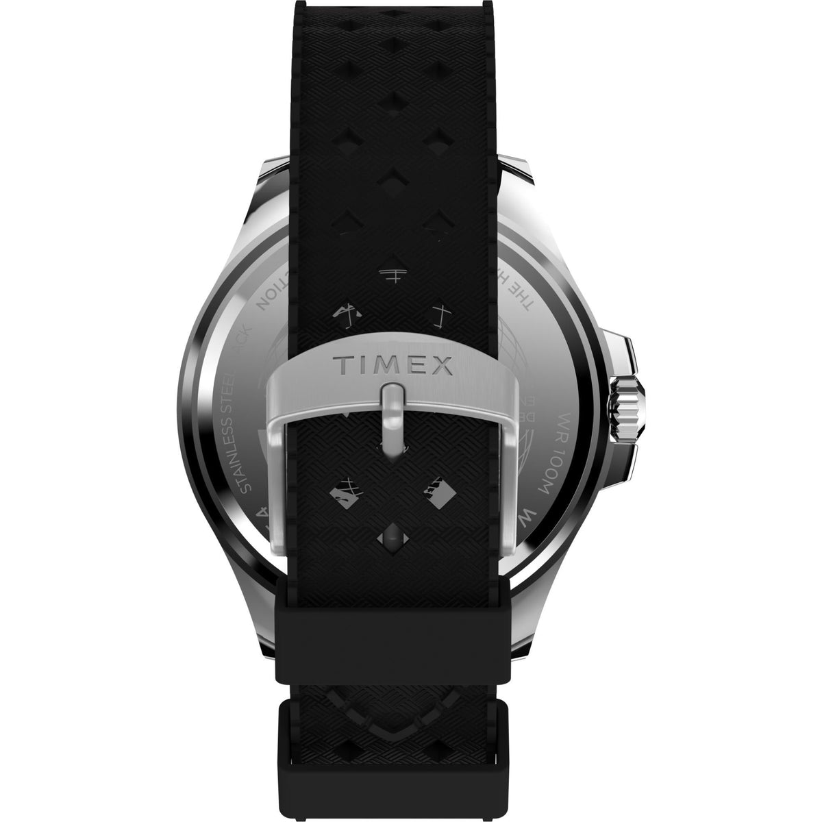 Men's Timex quartz watch with black rubber strap and black dial, crown detail
