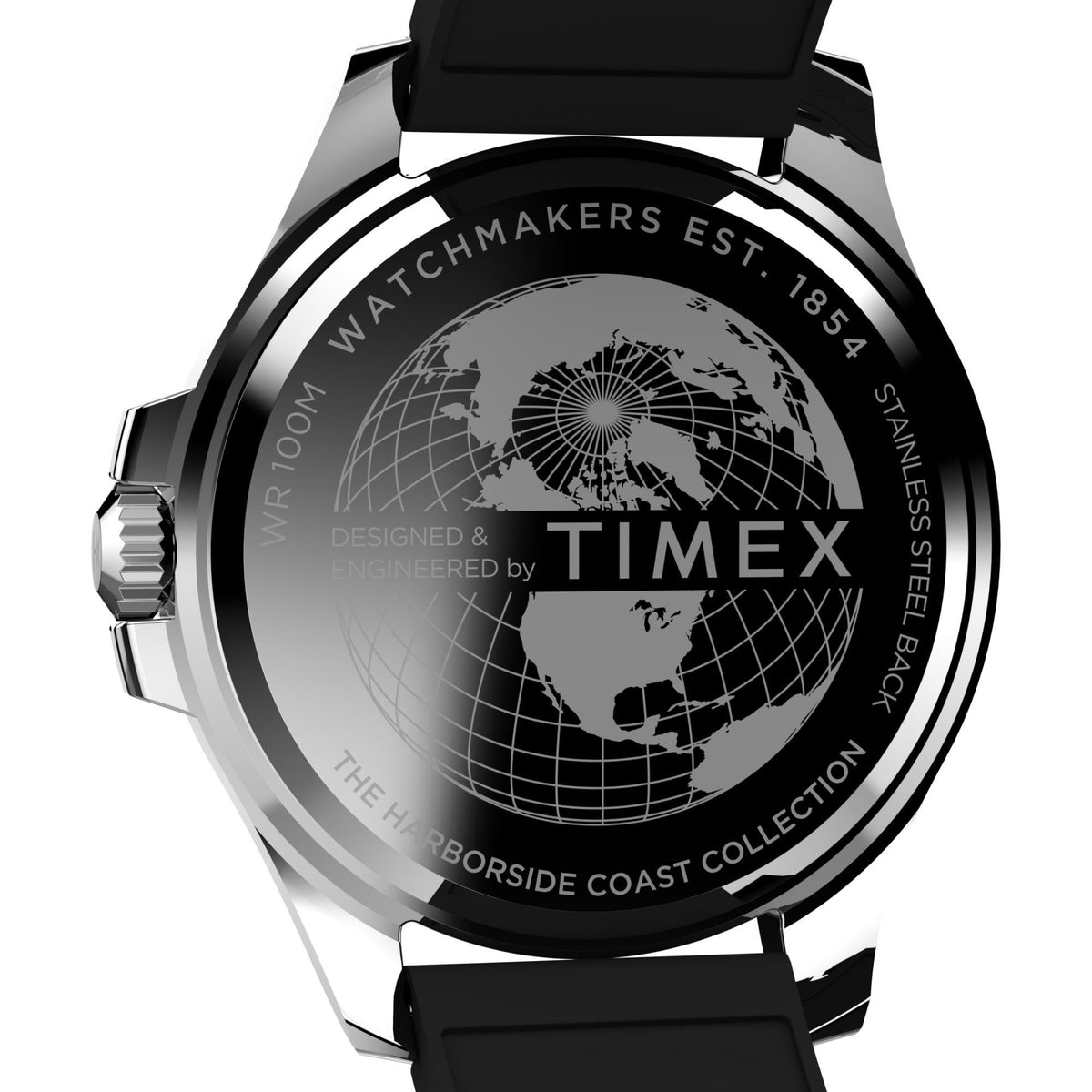 Timex men's watch back in stainless steel with world-map engraving, black strap