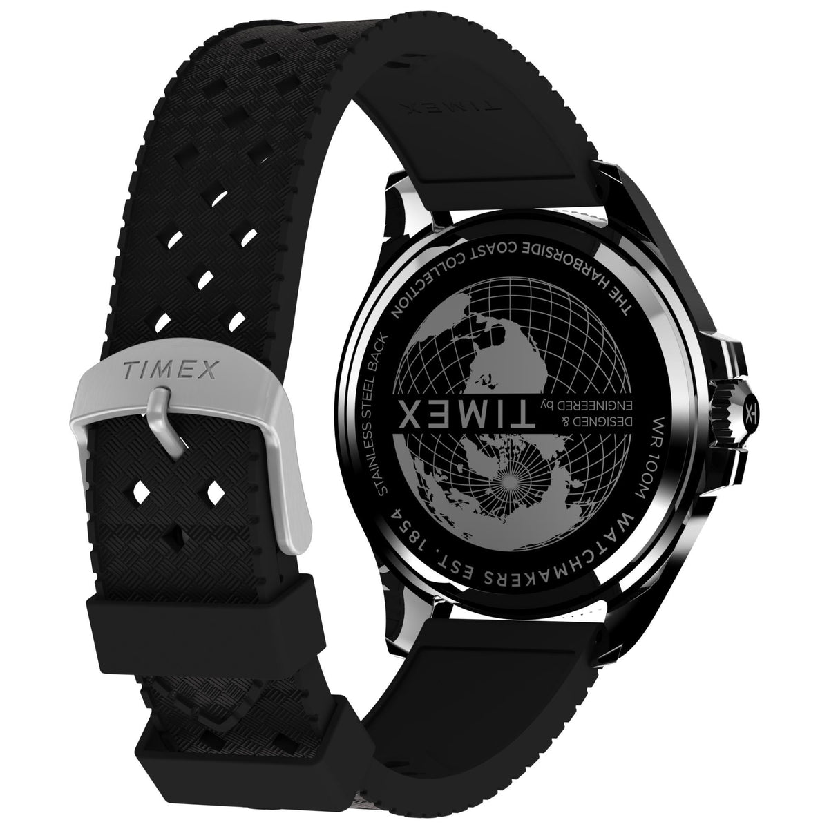 Men's Timex watch with world-map case back and black rubber band, side angle