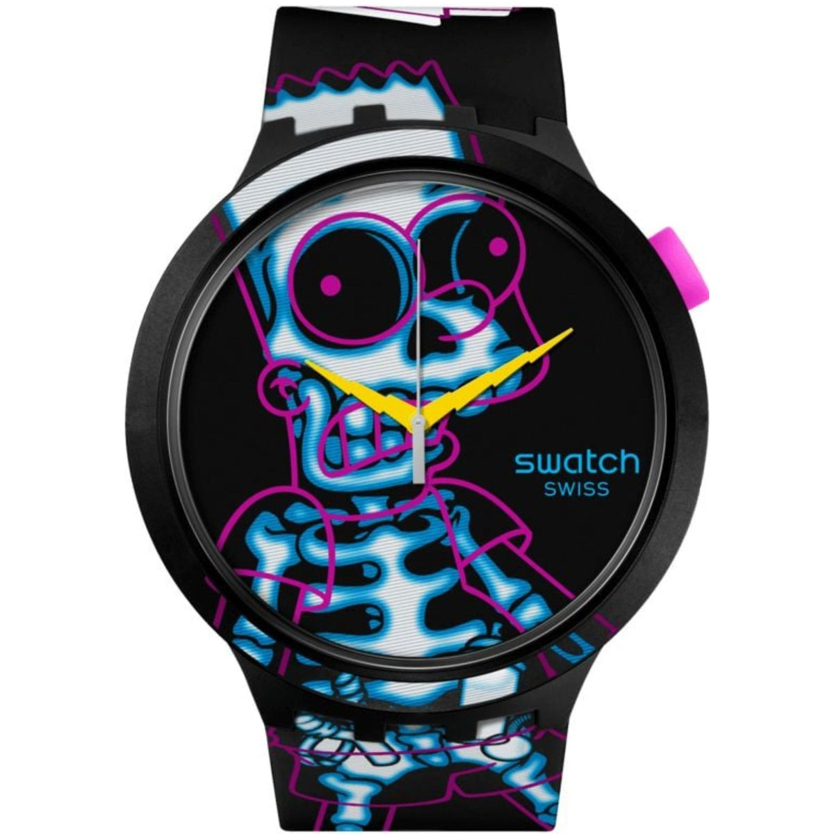 Swatch black silicone strap watch with cartoon skull printed dial and neon accents