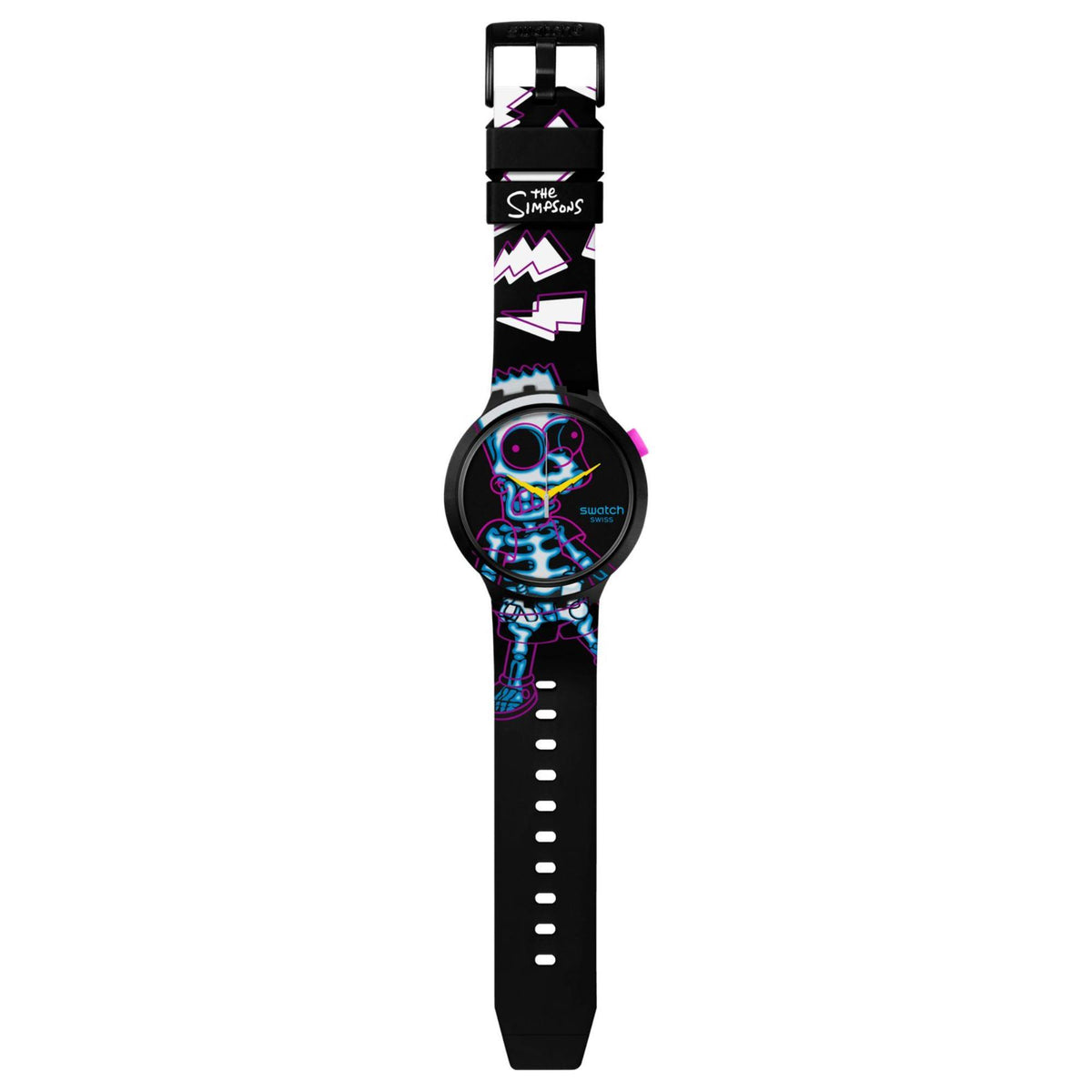 Swatch Simpsons-themed watch with black silicone strap, cartoon dial, and pink highlights