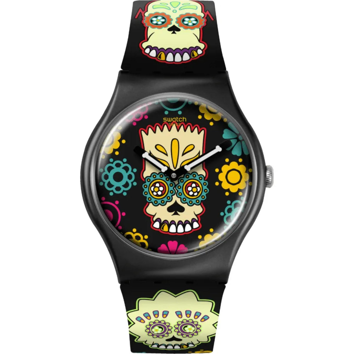 Swatch 41mm printed skull dial quartz watch with black silicone strap