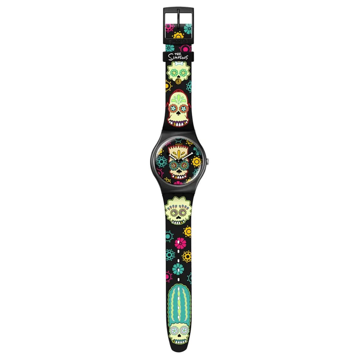Swatch printed skull dial watch with black strap and buckle, vertical view