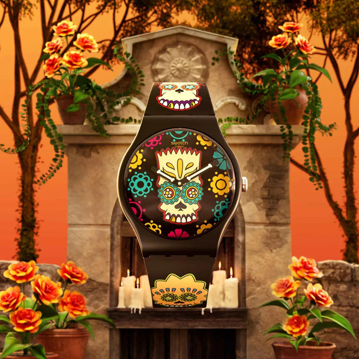 Swatch skull dial quartz watch with black strap and colorful dead-head print