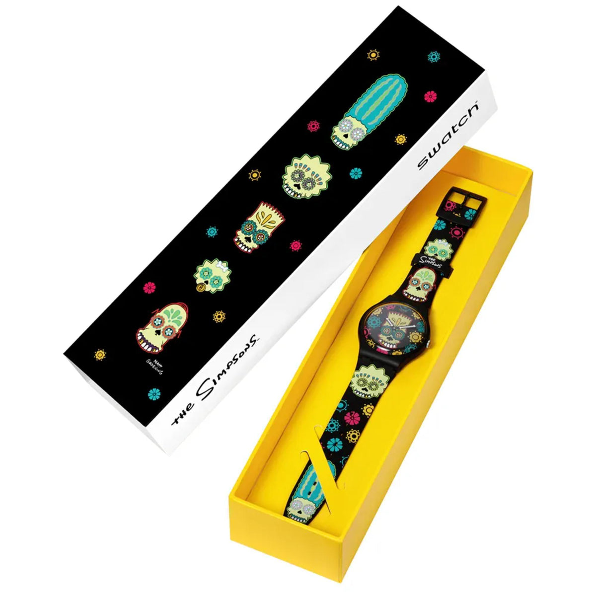 Swatch skull watch in yellow box with black strap and colorful printed design