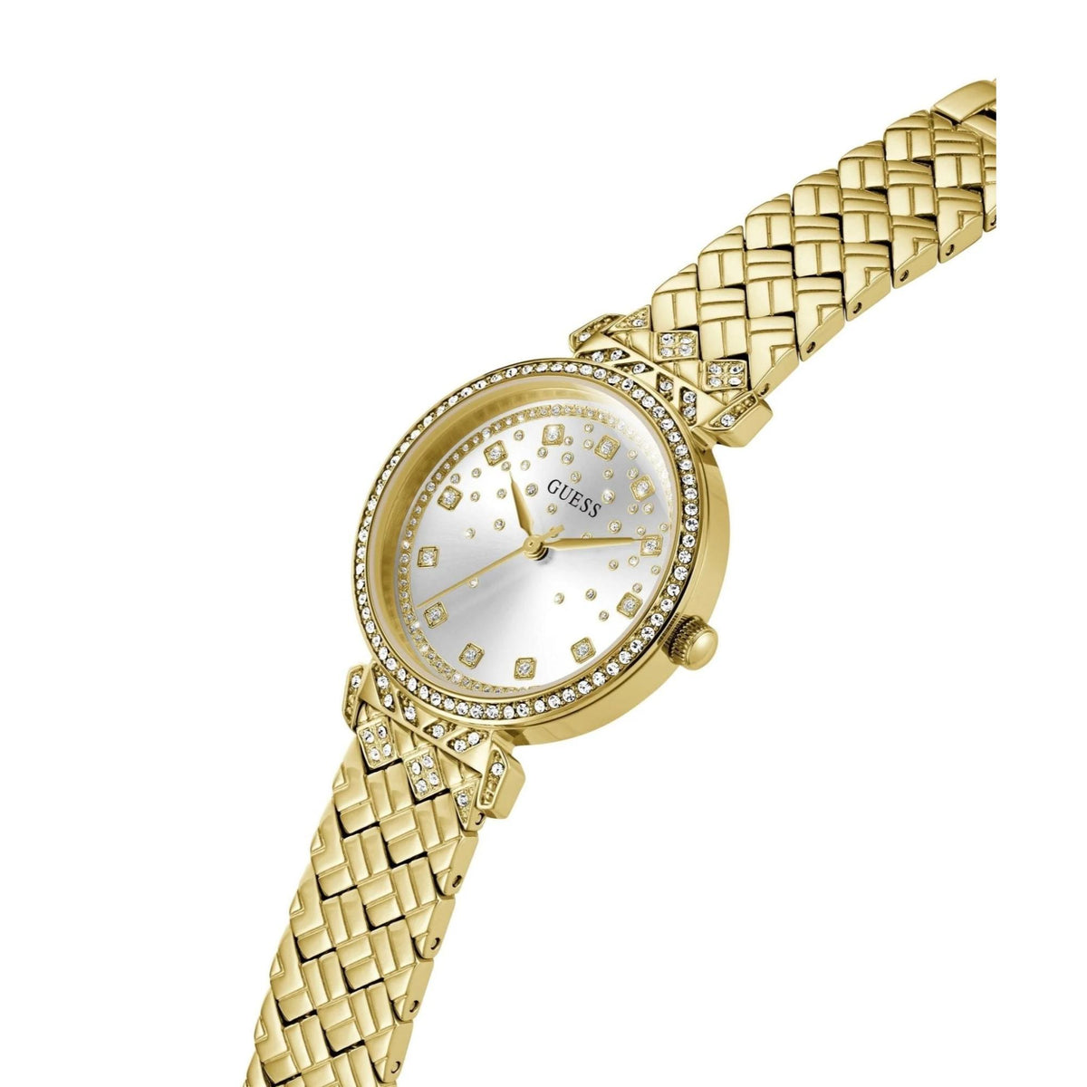 Gold-tone ladies watch with silver dial, diamond-like bezel, and faceted link bracelet.