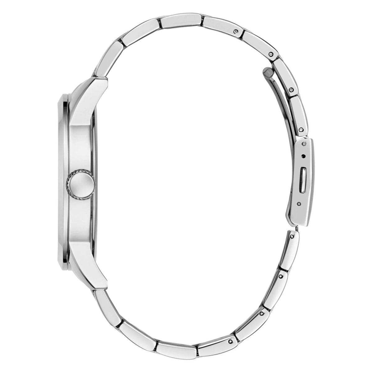 Silver-tone stainless analog wristwatch back view with link bracelet