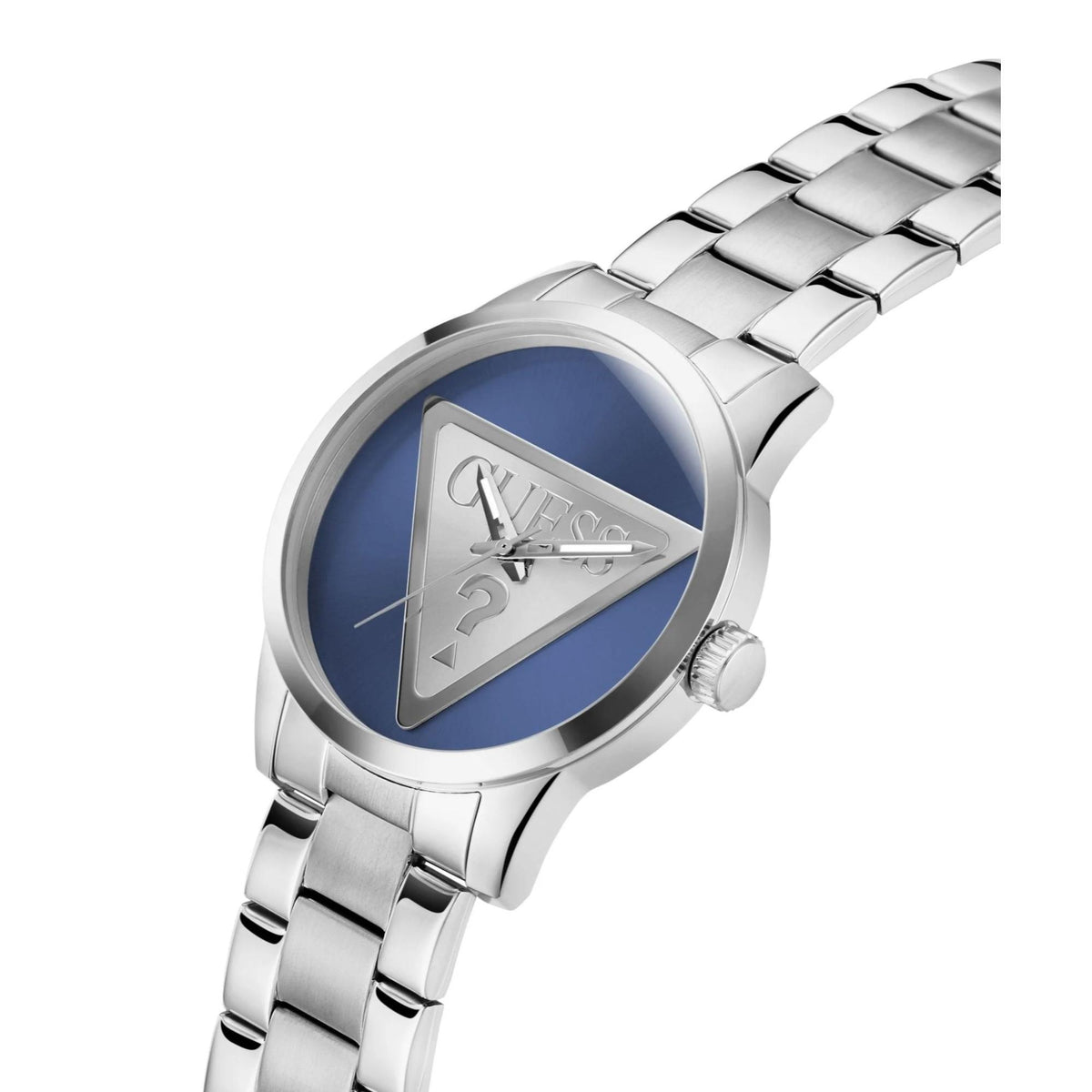 Men's analog wristwatch side angle with blue dial and silver-tone bracelet