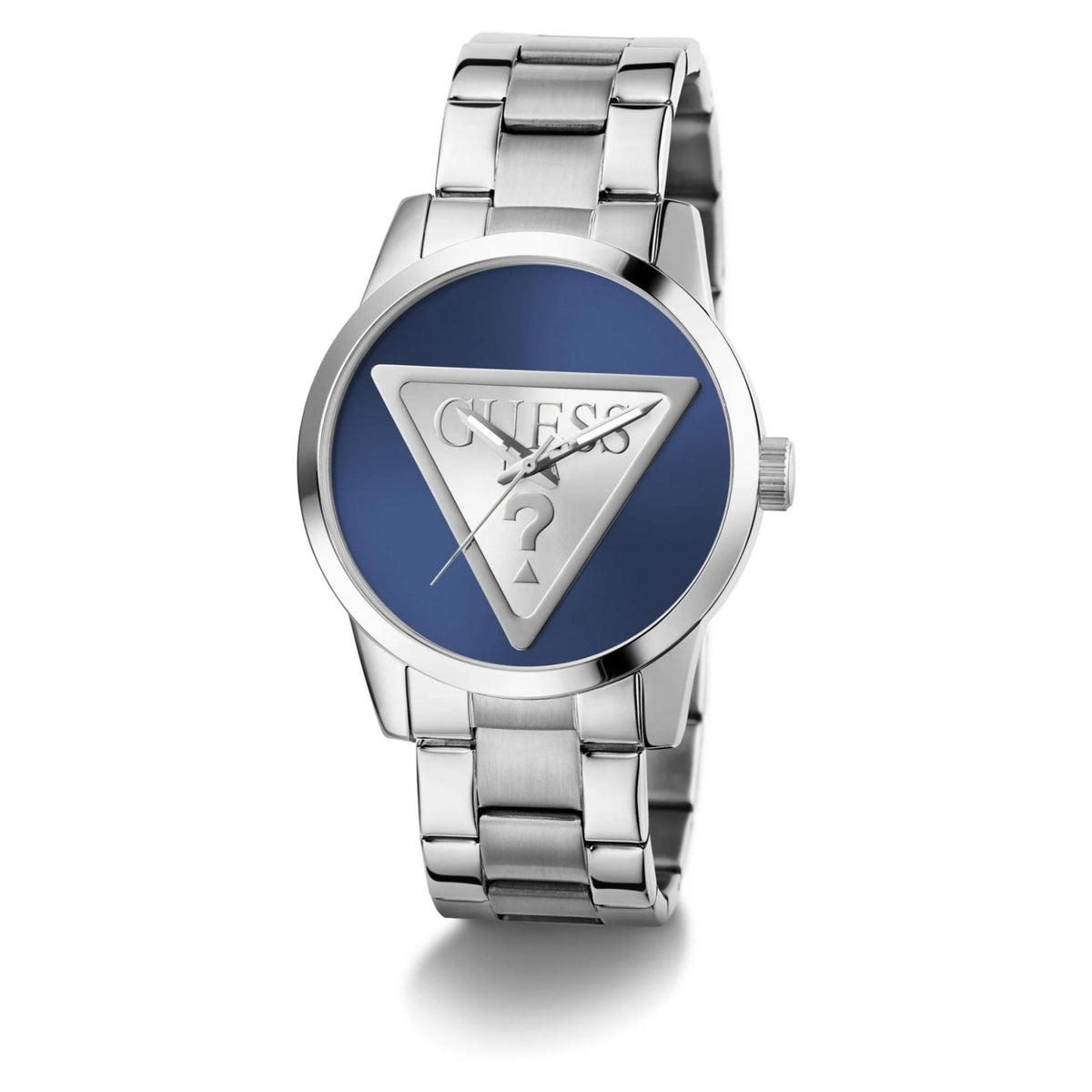 Men's analog wristwatch front view with blue dial and stainless link band
