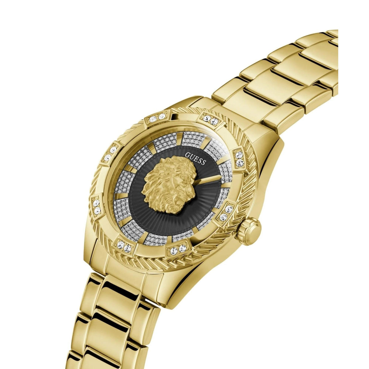 Men's gold tone watch with black dial, lion head center and crystal bezel details