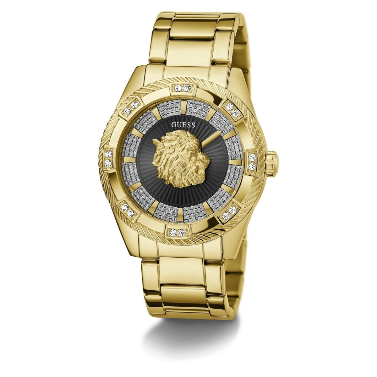 Men's gold tone watch with black dial, lion head emblem and sparkling crystal bezel