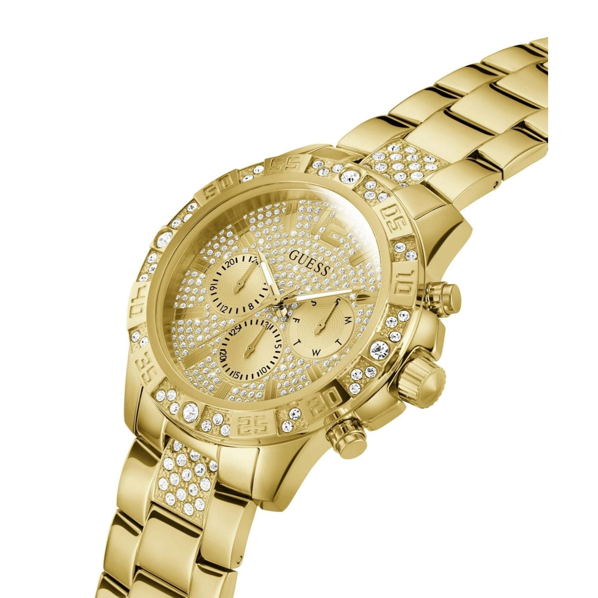 Gold-tone men’s wristwatch angled view with champagne dial and crystal accents on bezel