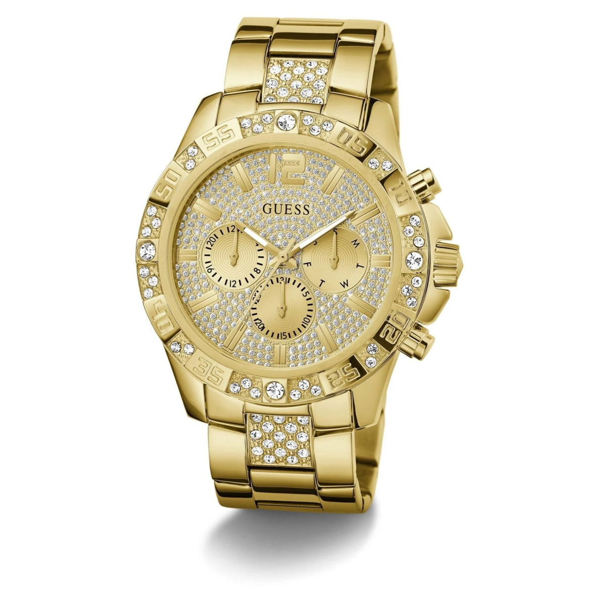 Gold-tone men’s wristwatch with sparkling bezel, champagne dial, and three chronograph subdials