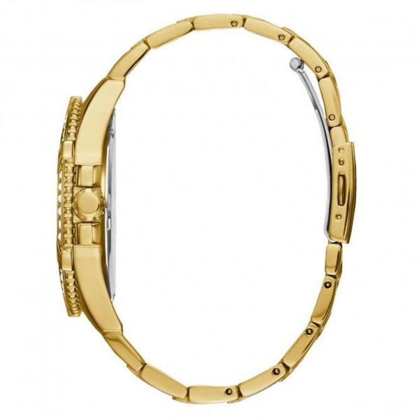 Gold tone watch side profile with links and crown, polished bezel edge