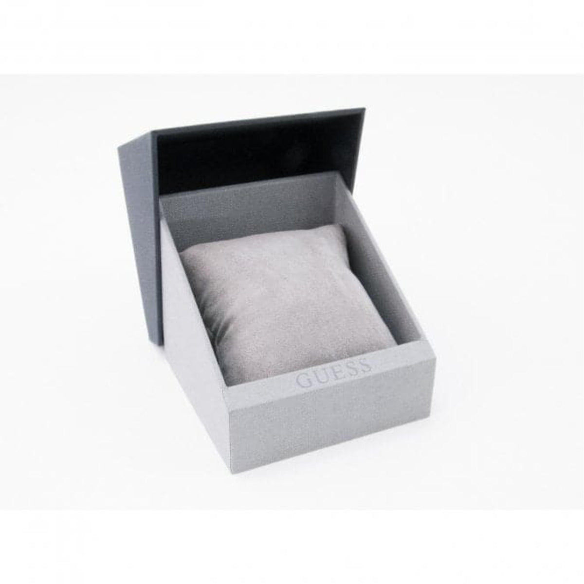 Jewelry gift box with gray watch cushion insert labeled GUESS