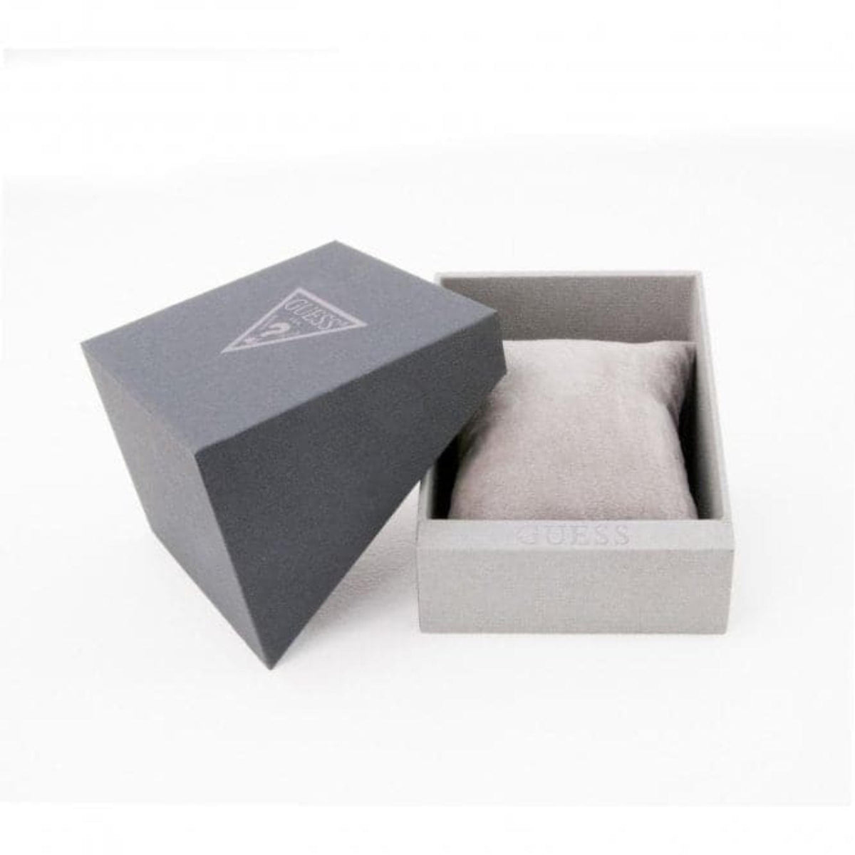 Closed gray GUESS watch gift box with matching insert and cushion
