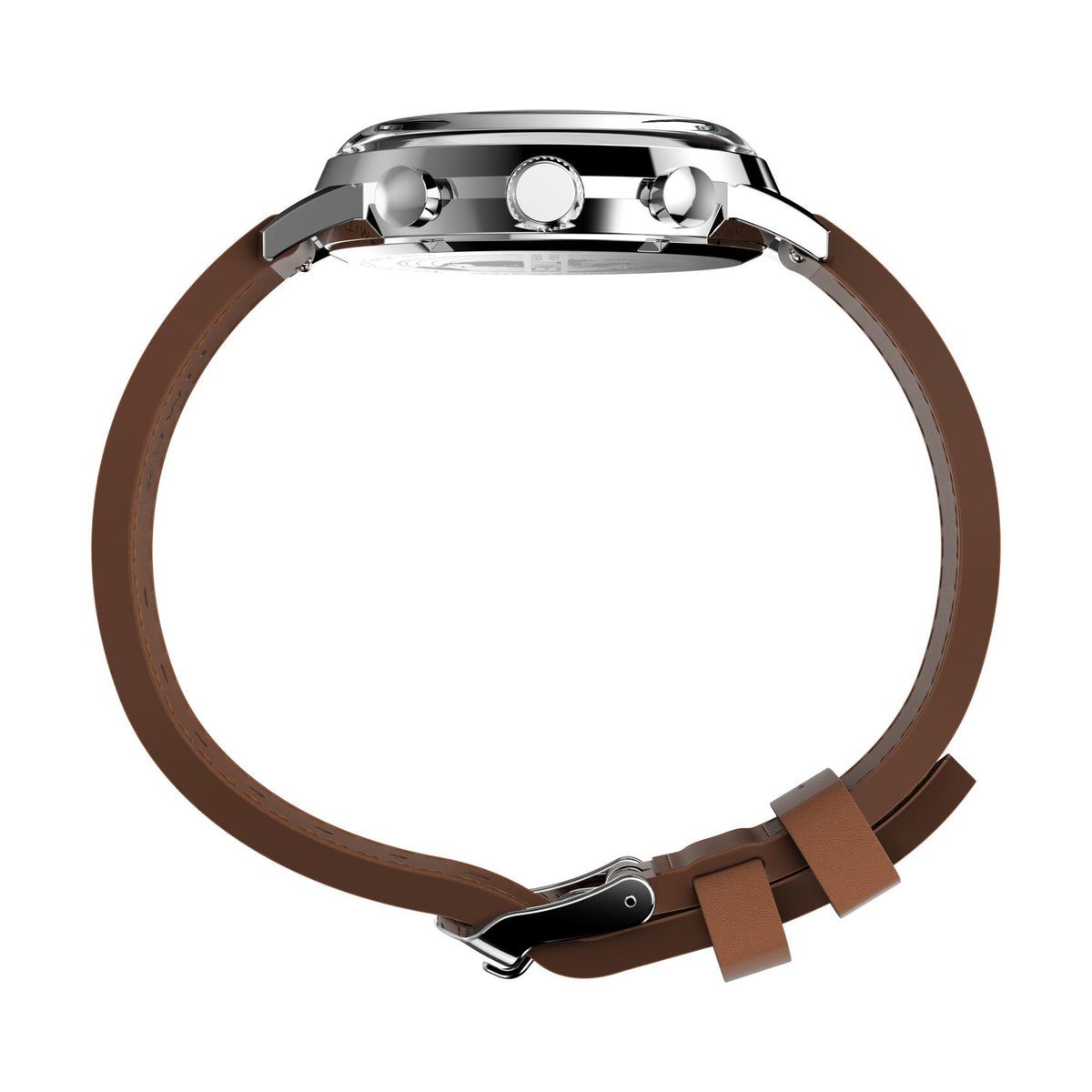 Round Timex chronograph watch with brown leather strap and metal buckle