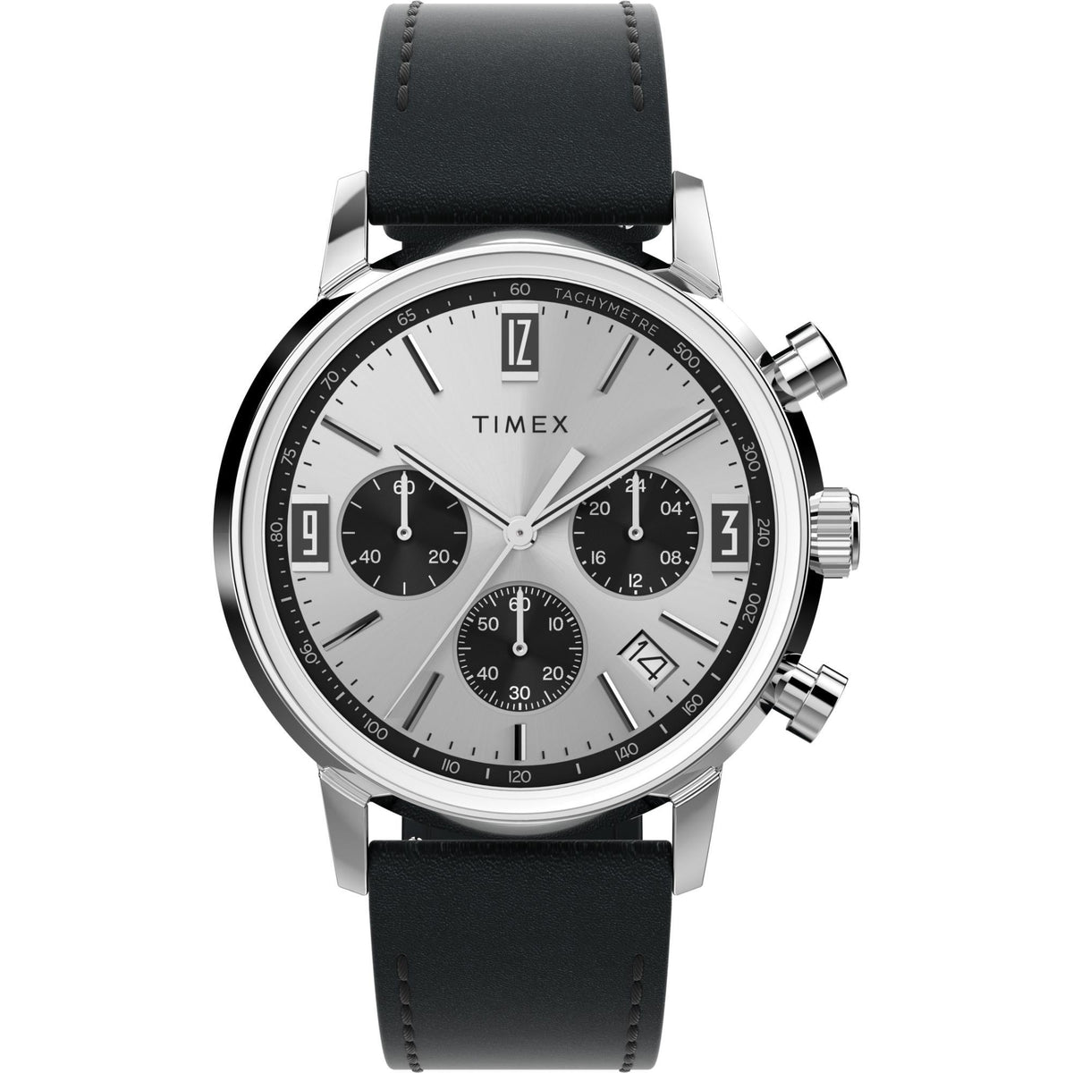 Men's silver chronograph quartz watch with black leather strap and white dial