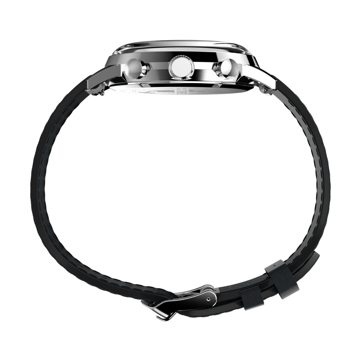 Men's silver chronograph watch case with black leather strap and side pushers