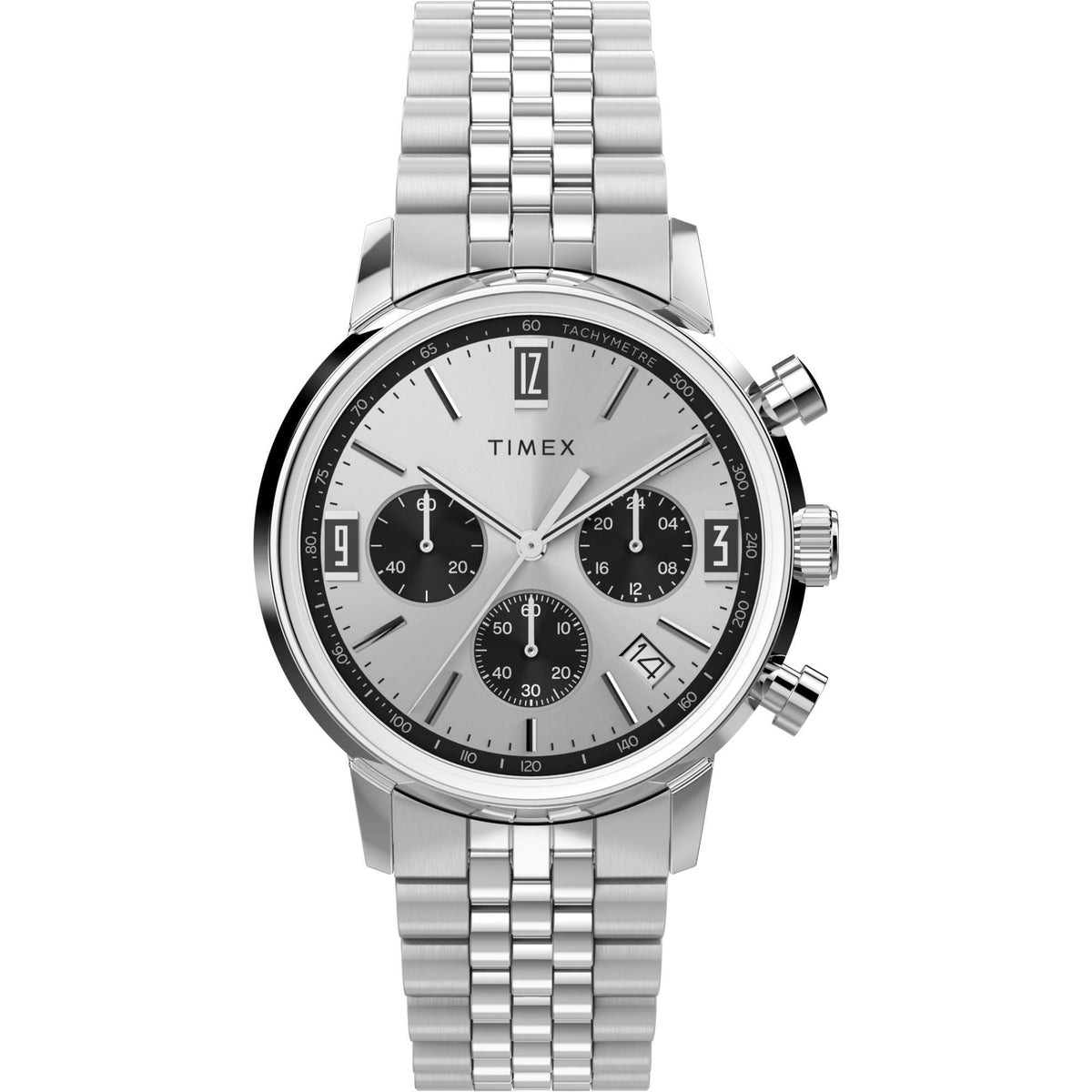 Men's silver Timex chronograph quartz watch with steel bracelet and silver dial, 3 subdials