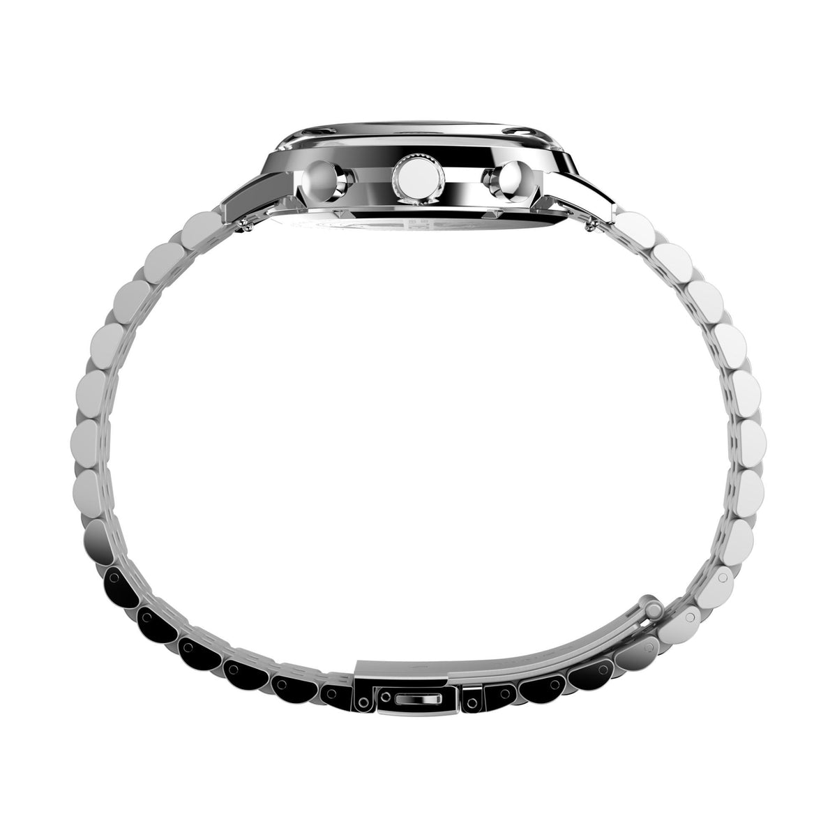 Back view of men's silver steel Timex chronograph quartz watch with bracelet