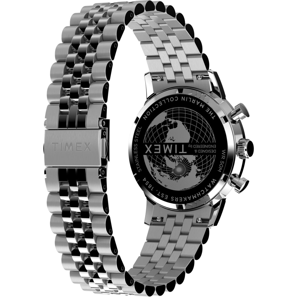 Close-up of silver steel Timex chronograph watch caseback with globe dial