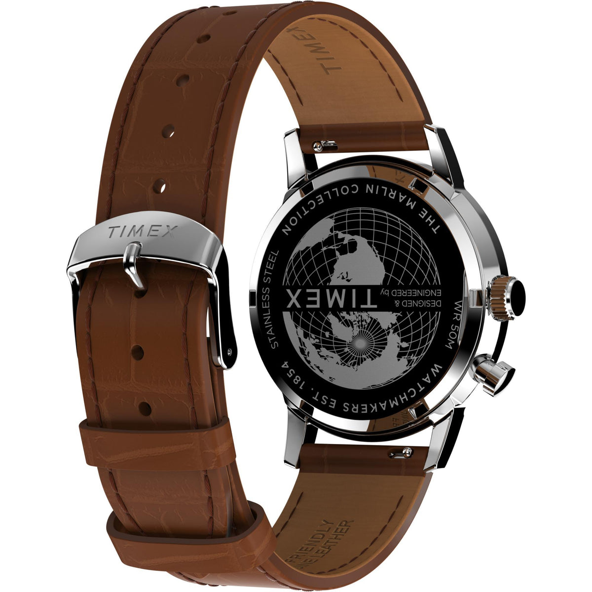 Steel watch with engraved world-map dial back and brown leather strap, crown visible