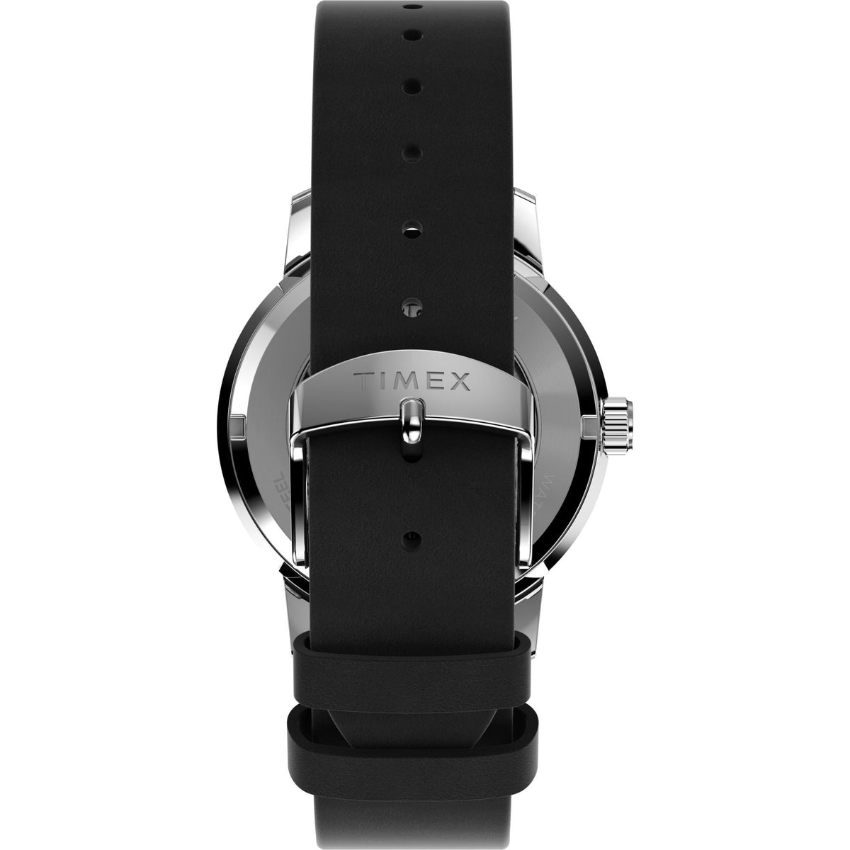 Men's automatic wristwatch with black leather strap and silver case, front profile