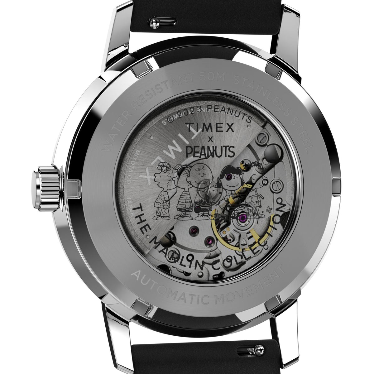 Men's automatic wristwatch, silver case with Peanuts graphic dial, black leather strap