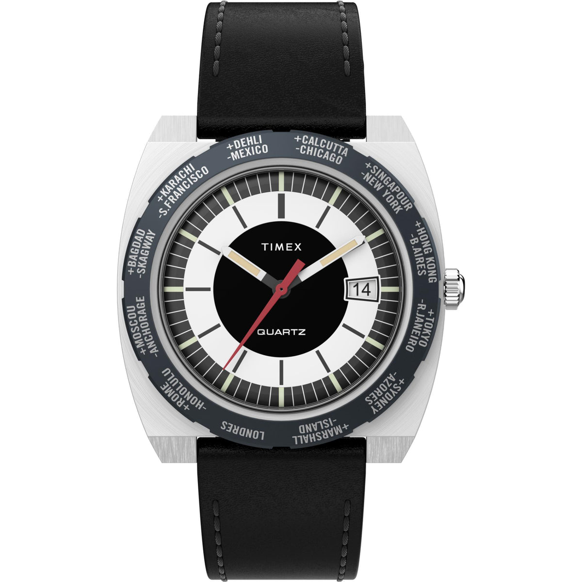 Men's quartz watch with black dial, leather strap, bezel, and date window at 14