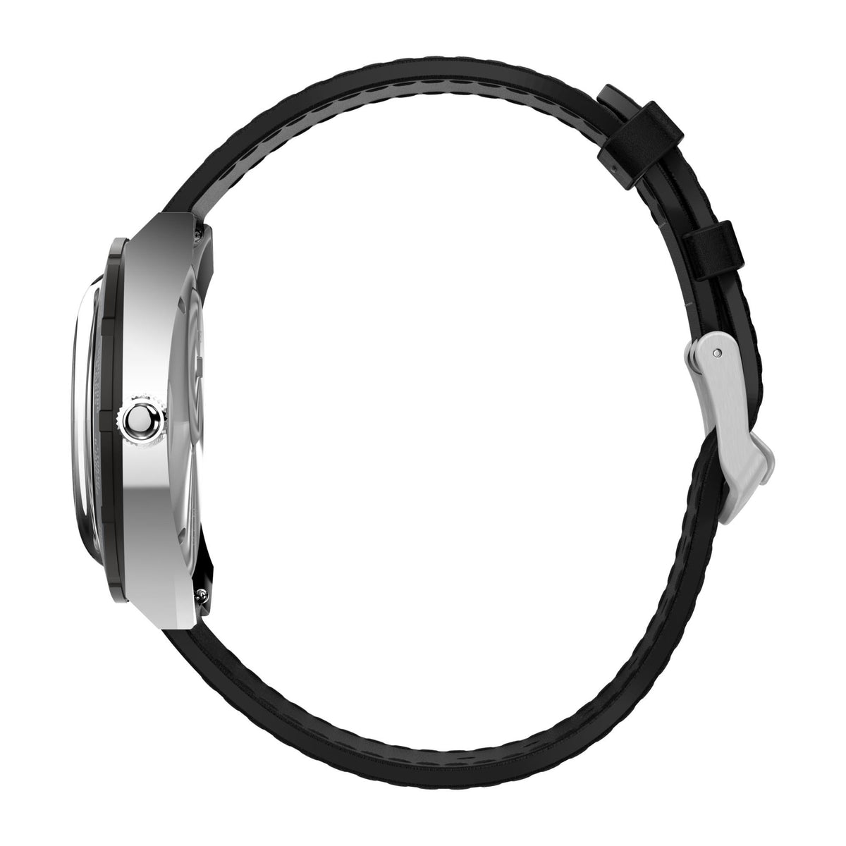 Men's quartz watch side view with black leather strap and round metal case